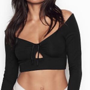 Victoria Secret Cropped T Shirt Women Black Long Sleeve Deep Neck Coquette